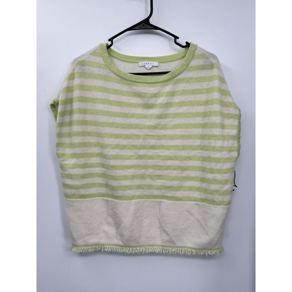 Duffy Medium Cashmere Sweater Womens Lime Green Striped Short Sleeve Fringed Hem
